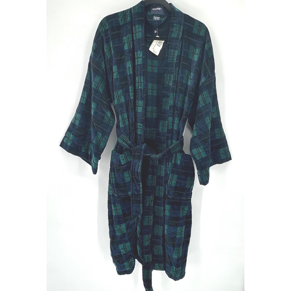 Puritan Mens Plaid 100% Cotton Terry Cloth Blue Green One Size NEW P7058